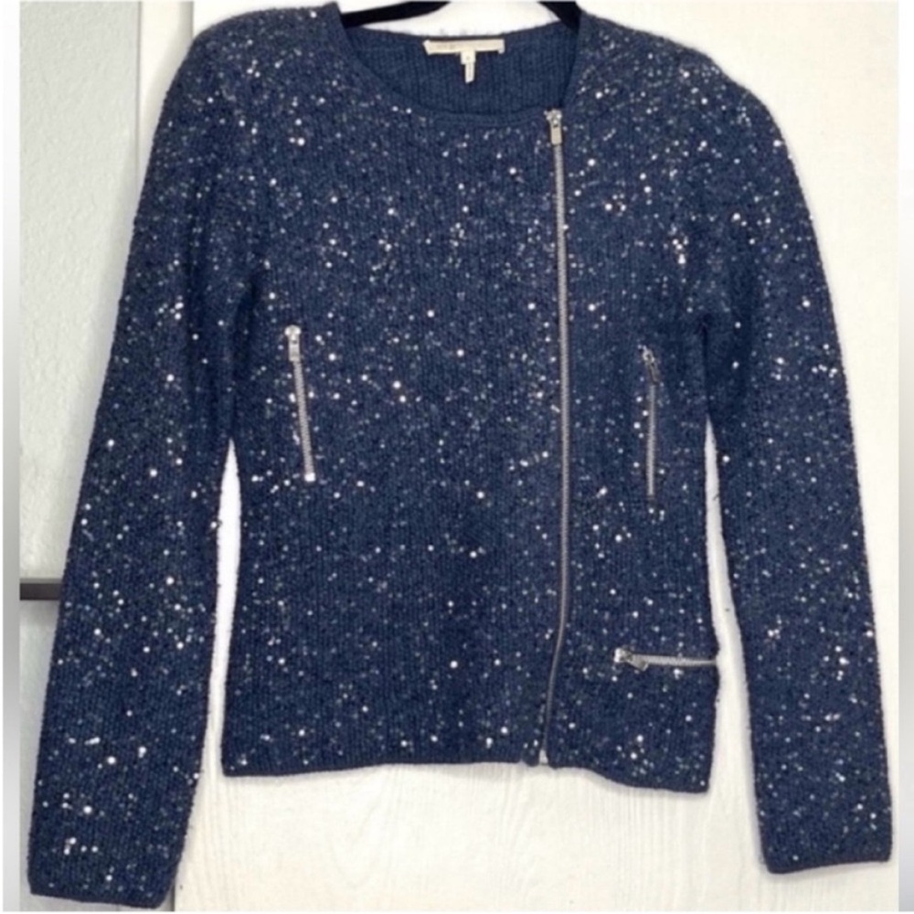 MAJE Sparkle Knit Asymmetrical Zip Motto Jacket in Navy Size 2/M